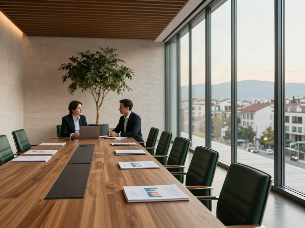 A sunlit executive boardroom with business reports and a team discussing strategy